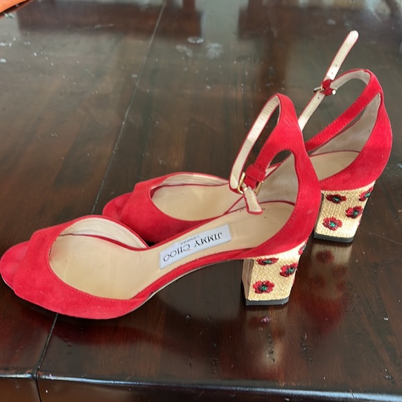 Jimmy Choo straw heel with flowers red suede sandals like new, 2.5’ heel - Picture 3 of 5